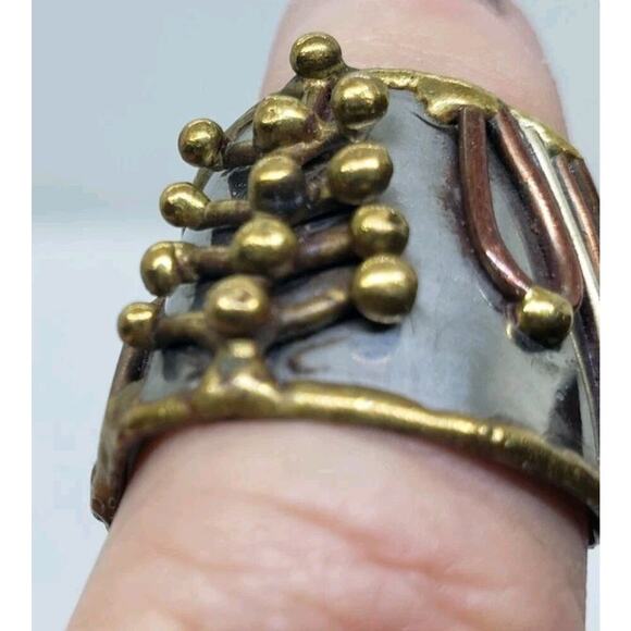 Mixed Metal Ring Brutalist MCM Chunky Cuff Adjustable 3D Biker Large Size Artist - Picture 11 of 14